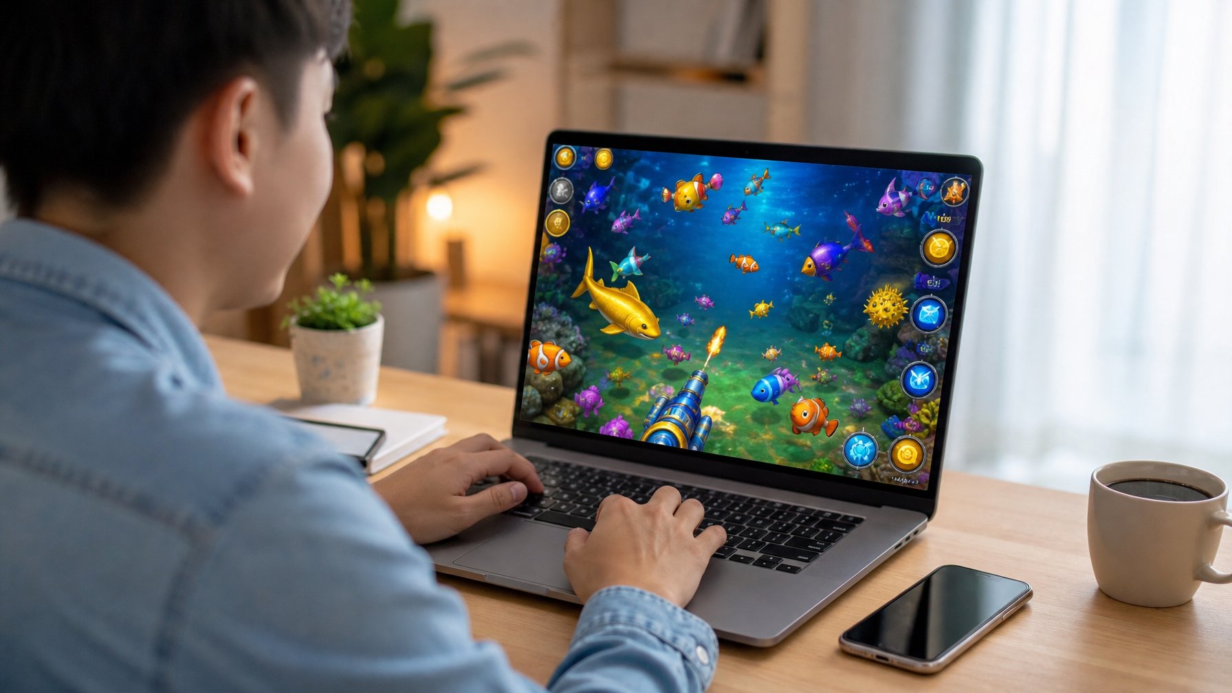 Seseorang muda sedang bermain game tembak ikan online di laptop di rumah dengan suasana nyaman.