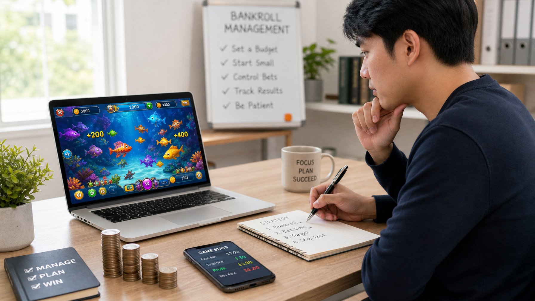 Seorang dewasa muda duduk di meja kerja dengan laptop menampilkan permainan tembak ikan online, sambil mencatat dan mengelola modal kecil.