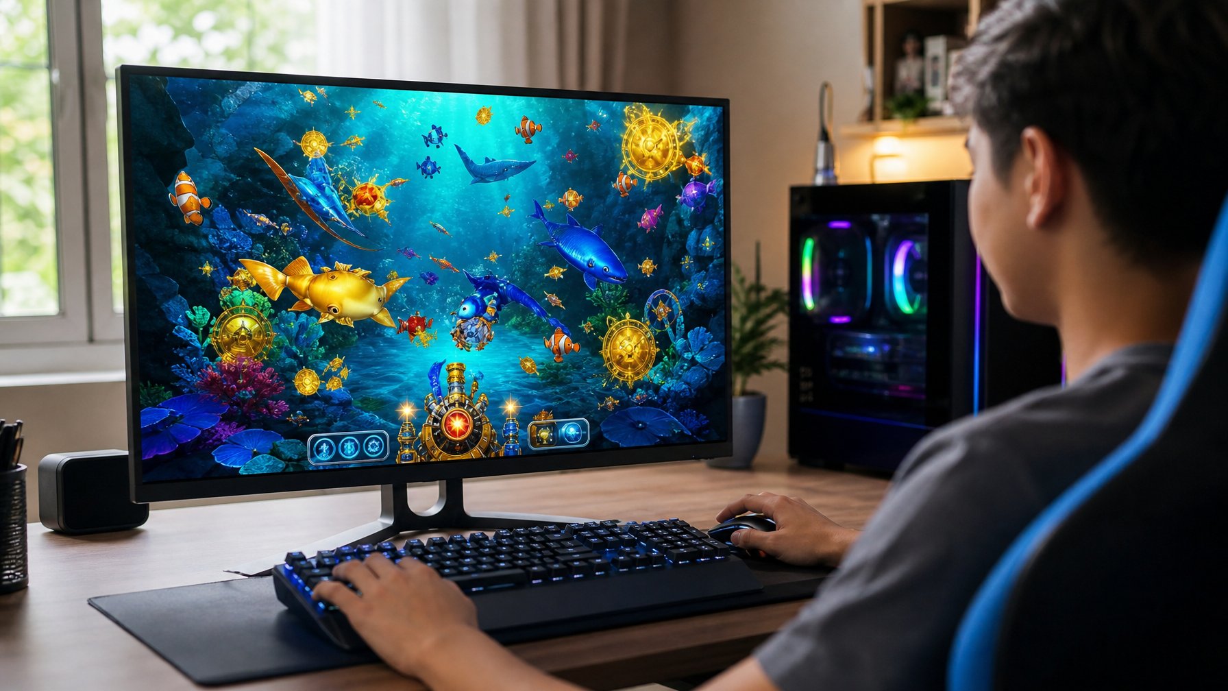 Seseorang bermain game tembak ikan online di komputer dengan layar menampilkan berbagai ikan dan ikon jackpot.