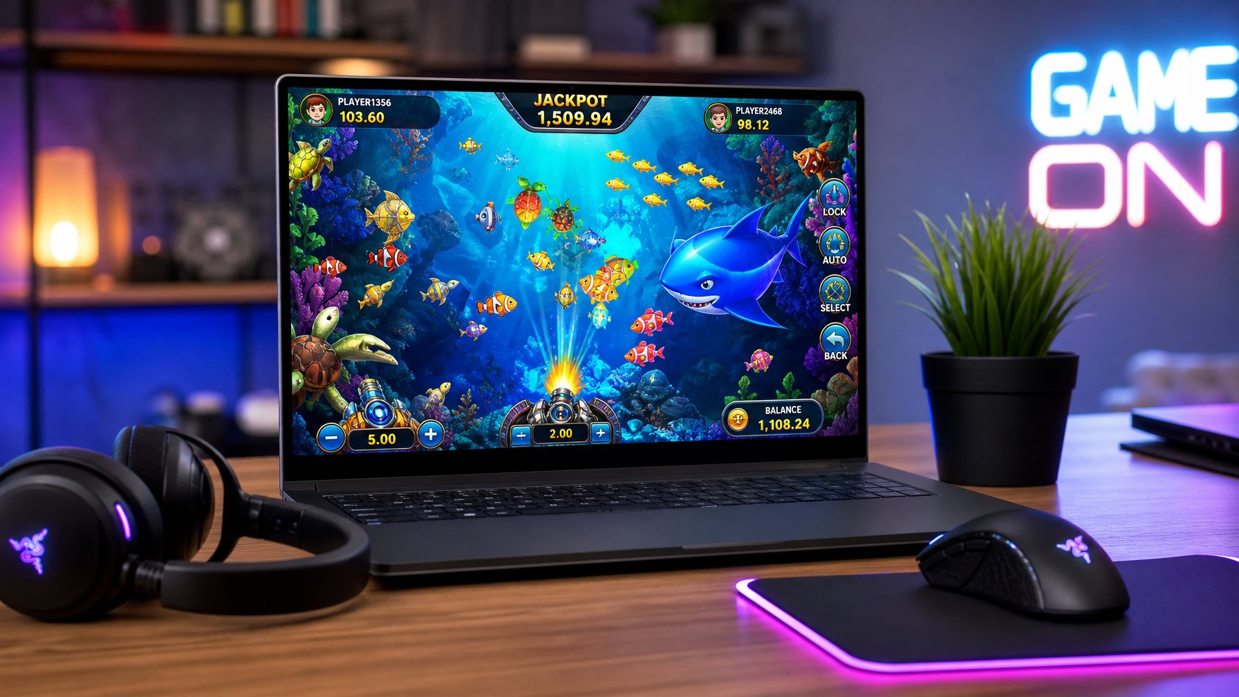Sebuah meja kerja dengan komputer yang menampilkan permainan tembak ikan online dengan gambar ikan berwarna-warni dan perlengkapan gaming di sekitarnya.