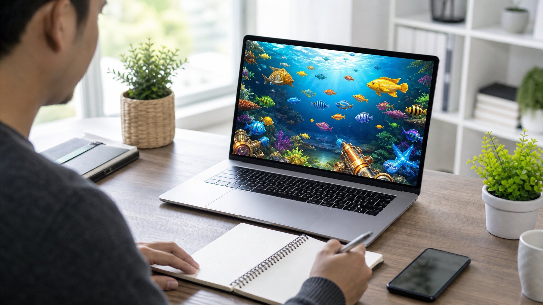 Seseorang menggunakan laptop di ruang kerja rumah yang terang dengan layar menampilkan adegan bawah laut berwarna-warni dengan ikan, menggambarkan permainan tembak ikan online.