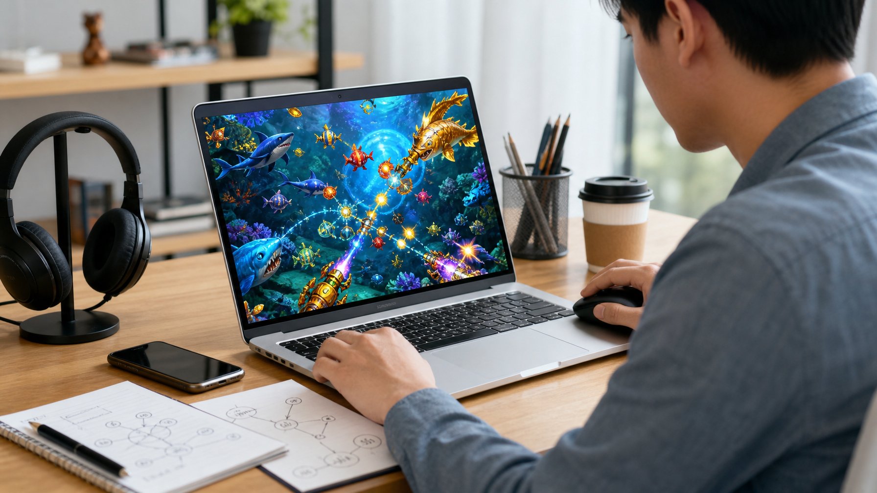 Seseorang sedang bermain permainan tembak ikan online di laptop dengan fokus di meja kerja yang rapi.