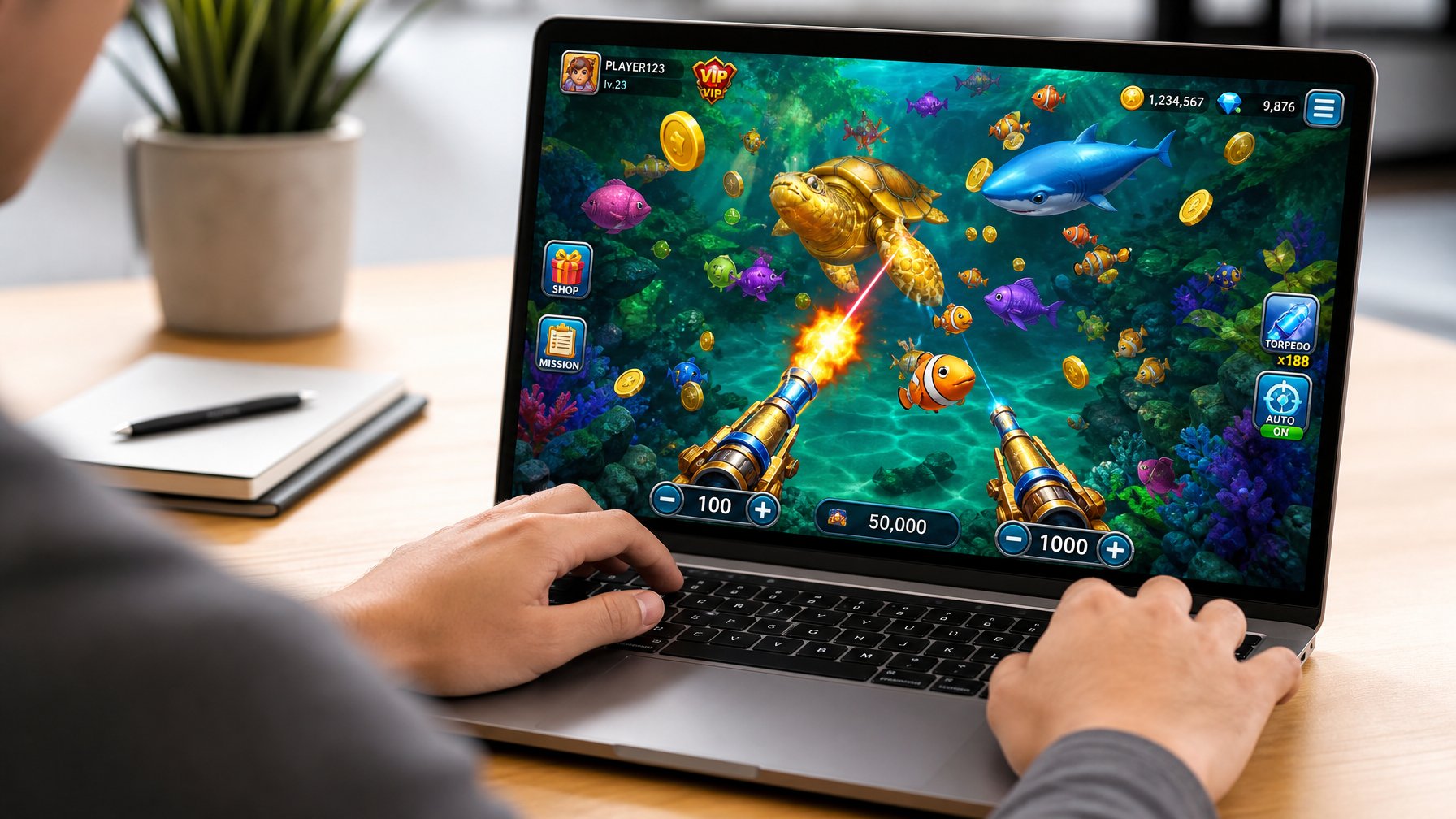 Seseorang sedang bermain game tembak ikan online di laptop dengan fokus pada tangan yang mengendalikan permainan.