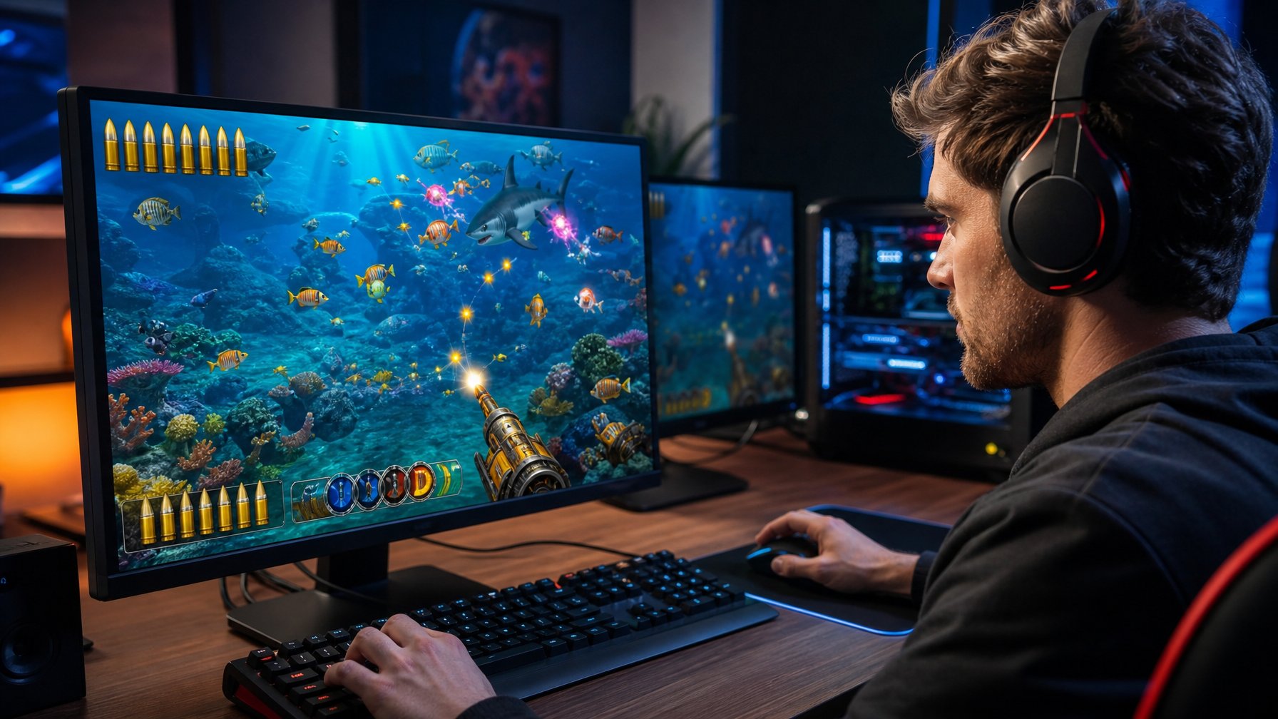 Seorang pemain fokus bermain game tembak ikan online di komputer dengan layar menampilkan ikan berwarna-warni dan indikator peluru.