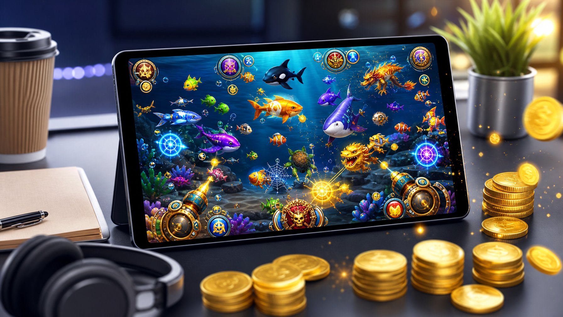 Layar perangkat digital yang menampilkan permainan menembak ikan dengan ikan berwarna-warni dan simbol jackpot, dikelilingi oleh koin dan efek cahaya yang menunjukkan suasana kemenangan.