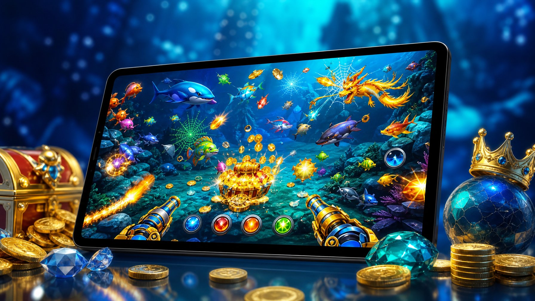Tampilan perangkat digital yang menampilkan permainan tembak ikan dengan berbagai ikan berwarna-warni dan simbol jackpot di latar bawah laut.