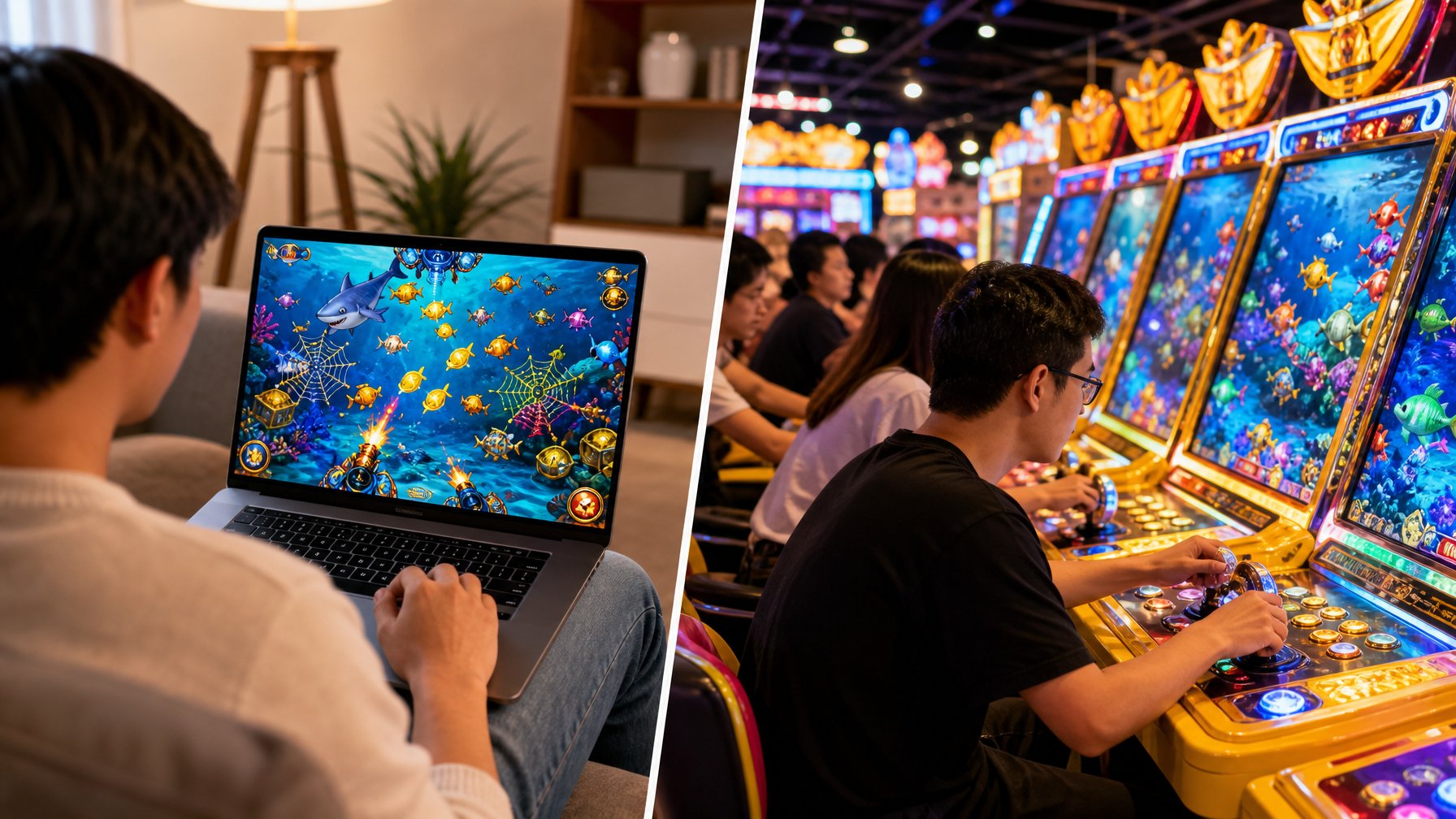 Seseorang bermain game tembak ikan online di laptop di rumah dan suasana arcade dengan mesin game tembak ikan serta pemain yang sedang bermain.