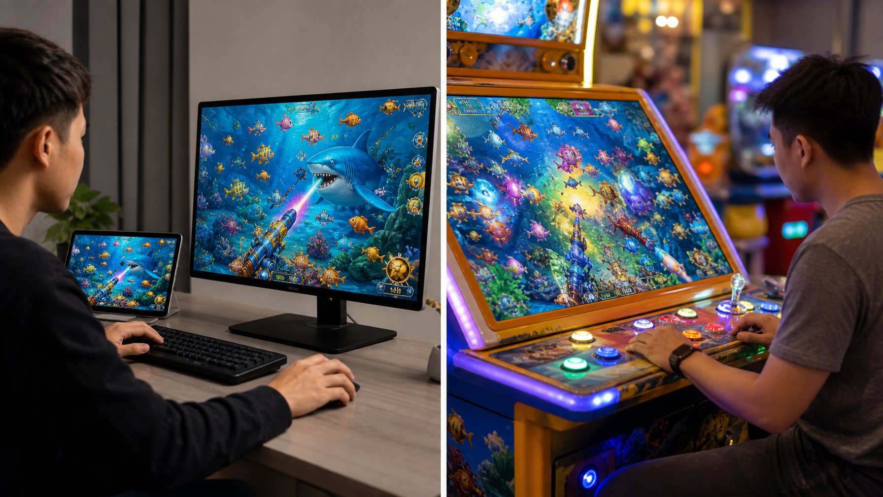 Dua orang bermain permainan tembak ikan, satu menggunakan perangkat online dan satu menggunakan mesin arcade, keduanya fokus dan antusias.