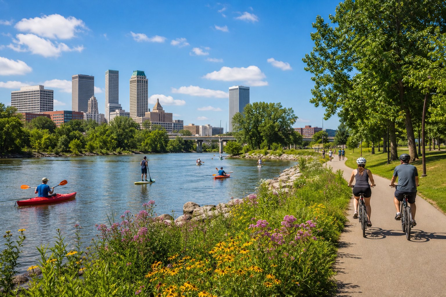 People kayaking and biking along a green riverside park next to a calm river with city buildings in the background.