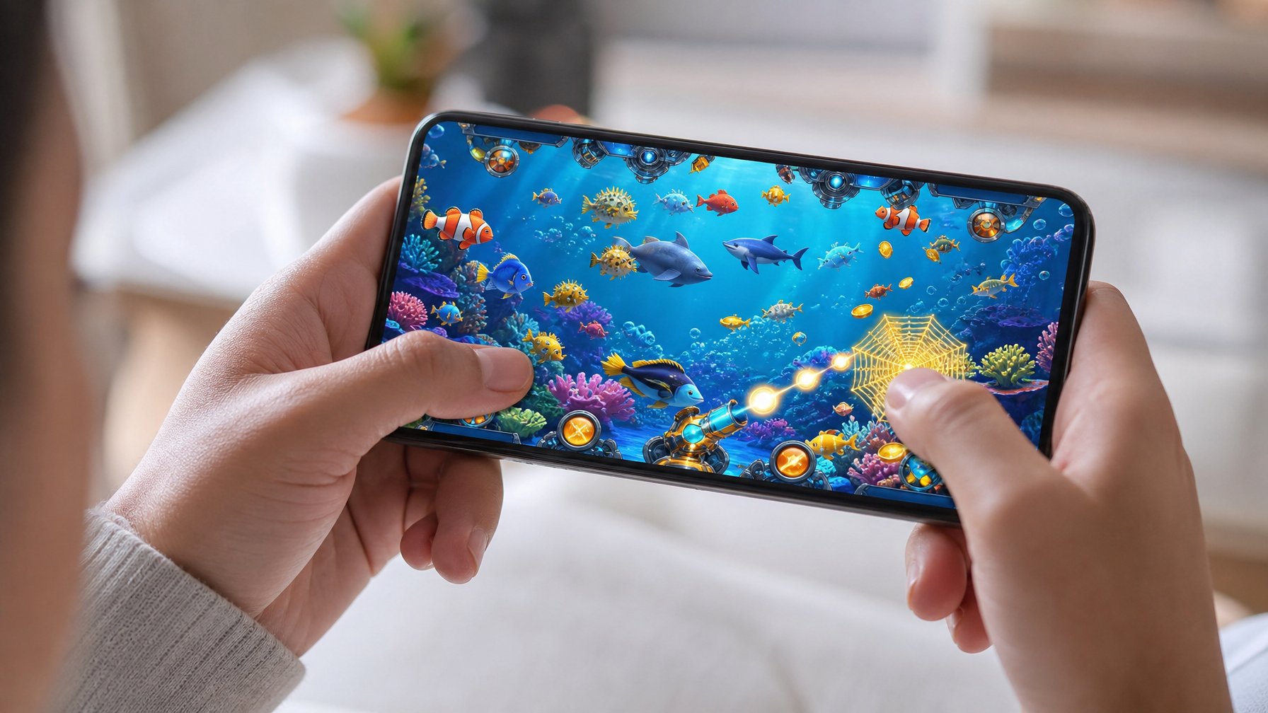 Seseorang memegang ponsel yang menampilkan permainan tembak ikan online dengan latar bawah laut berwarna-warni.