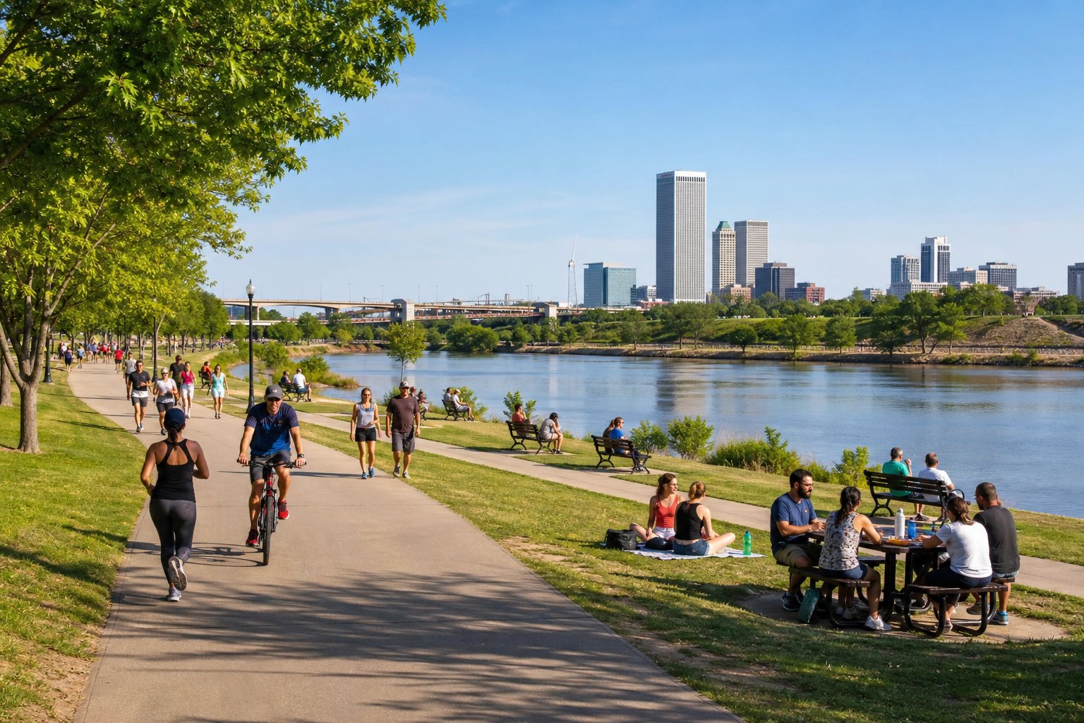 People enjoying outdoor activities along a green riverside park with trees and walking trails by a calm river.