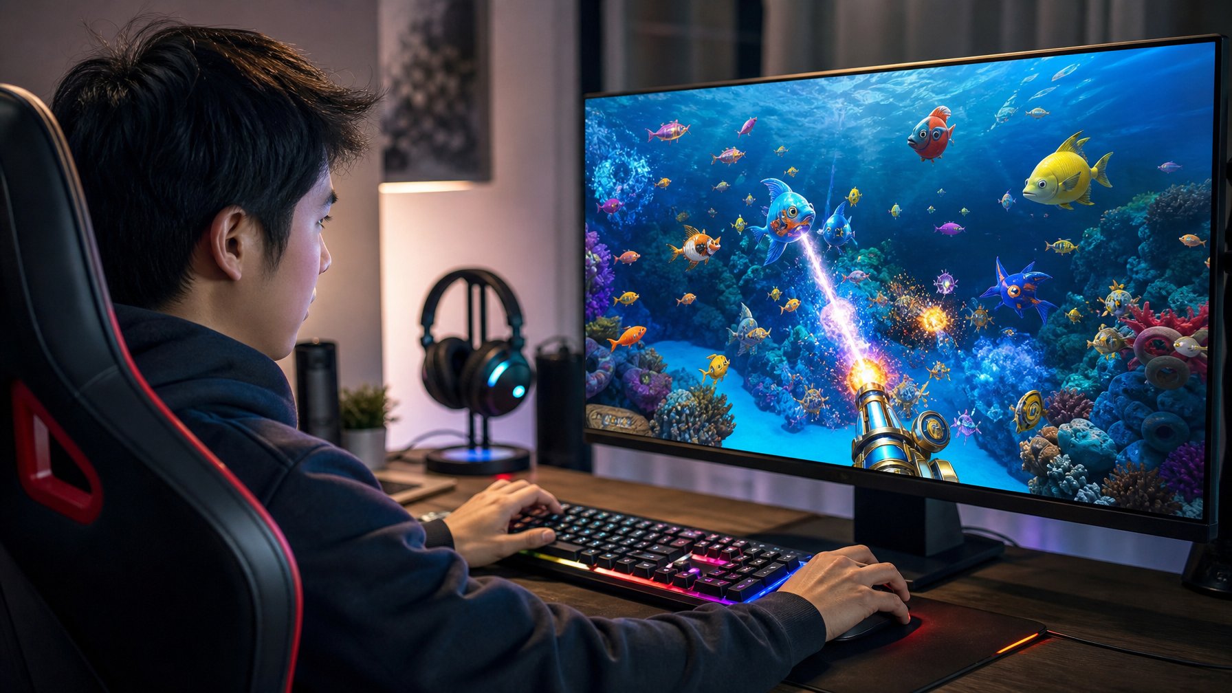 Seorang pemain sedang fokus bermain game tembak ikan online di depan komputer dengan layar besar yang menampilkan ikan berwarna-warni.