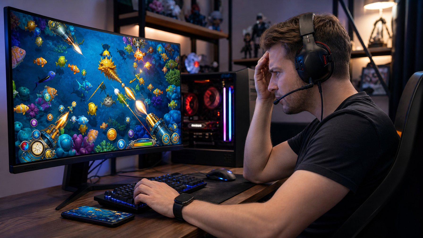 Seorang pria dewasa sedang fokus bermain permainan tembak ikan online di depan monitor besar dengan suasana ruang gaming yang nyaman.