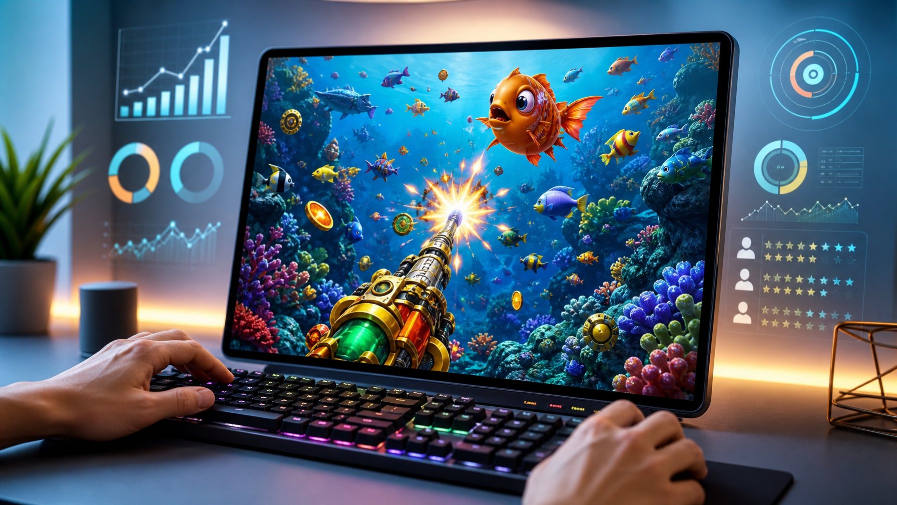 Sebuah perangkat digital menampilkan permainan tembak ikan dengan latar bawah laut penuh ikan berwarna-warni.