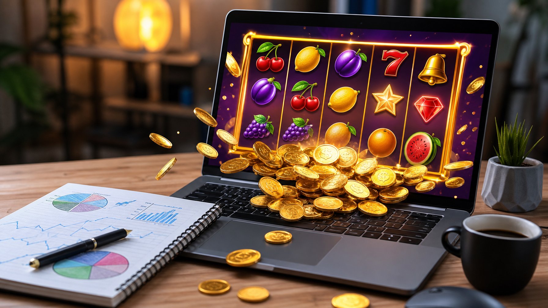 Seorang pemain duduk di depan komputer dengan layar menampilkan permainan slot online yang sedang menang, di meja terdapat catatan dan kopi.