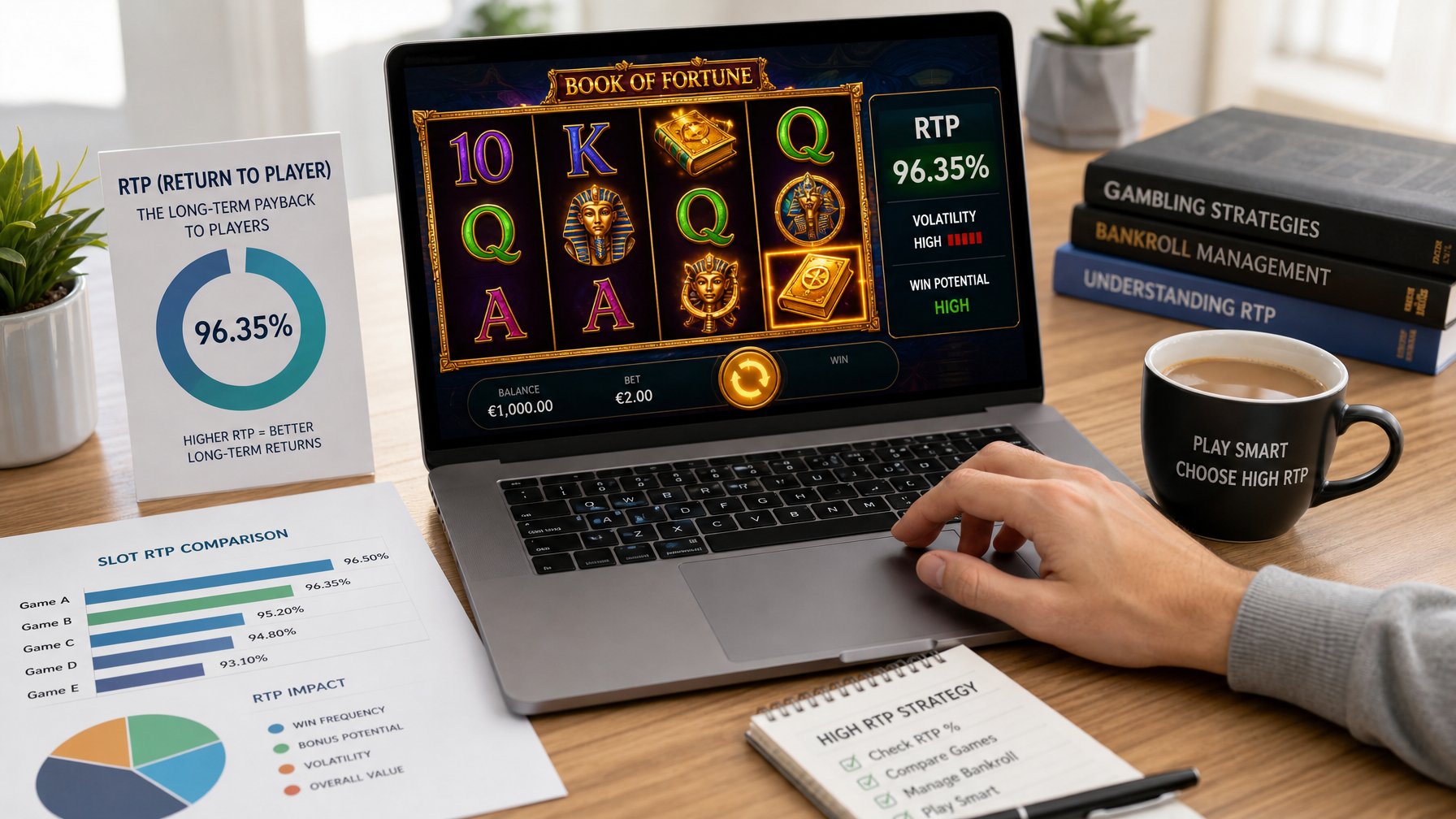 Seseorang bermain game slot online di laptop dengan grafik RTP dan alat tulis di meja kerja.