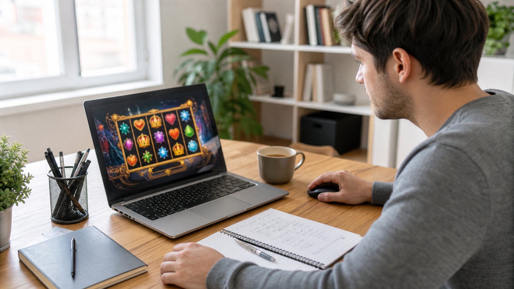 Seorang pemula sedang belajar bermain slot online di laptop di ruang kerja yang terang dan nyaman.