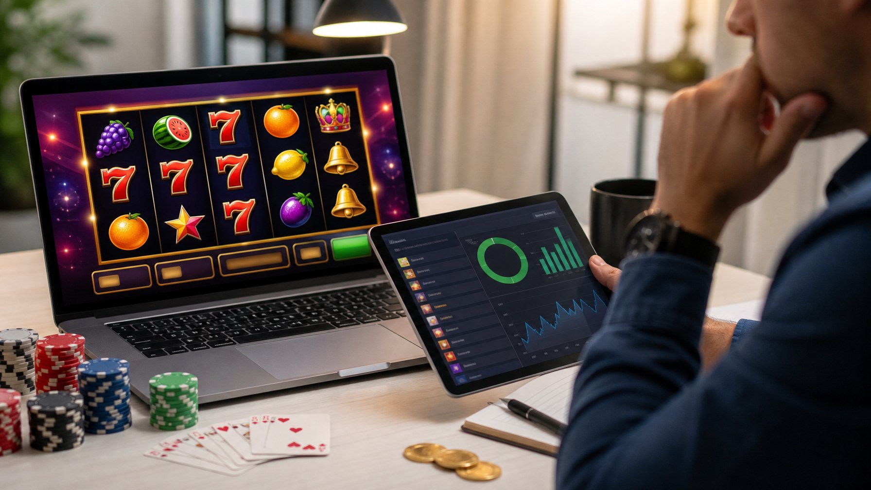 Seseorang sedang memilih game slot online di depan komputer dan tablet dengan grafik persentase RTP di layar.