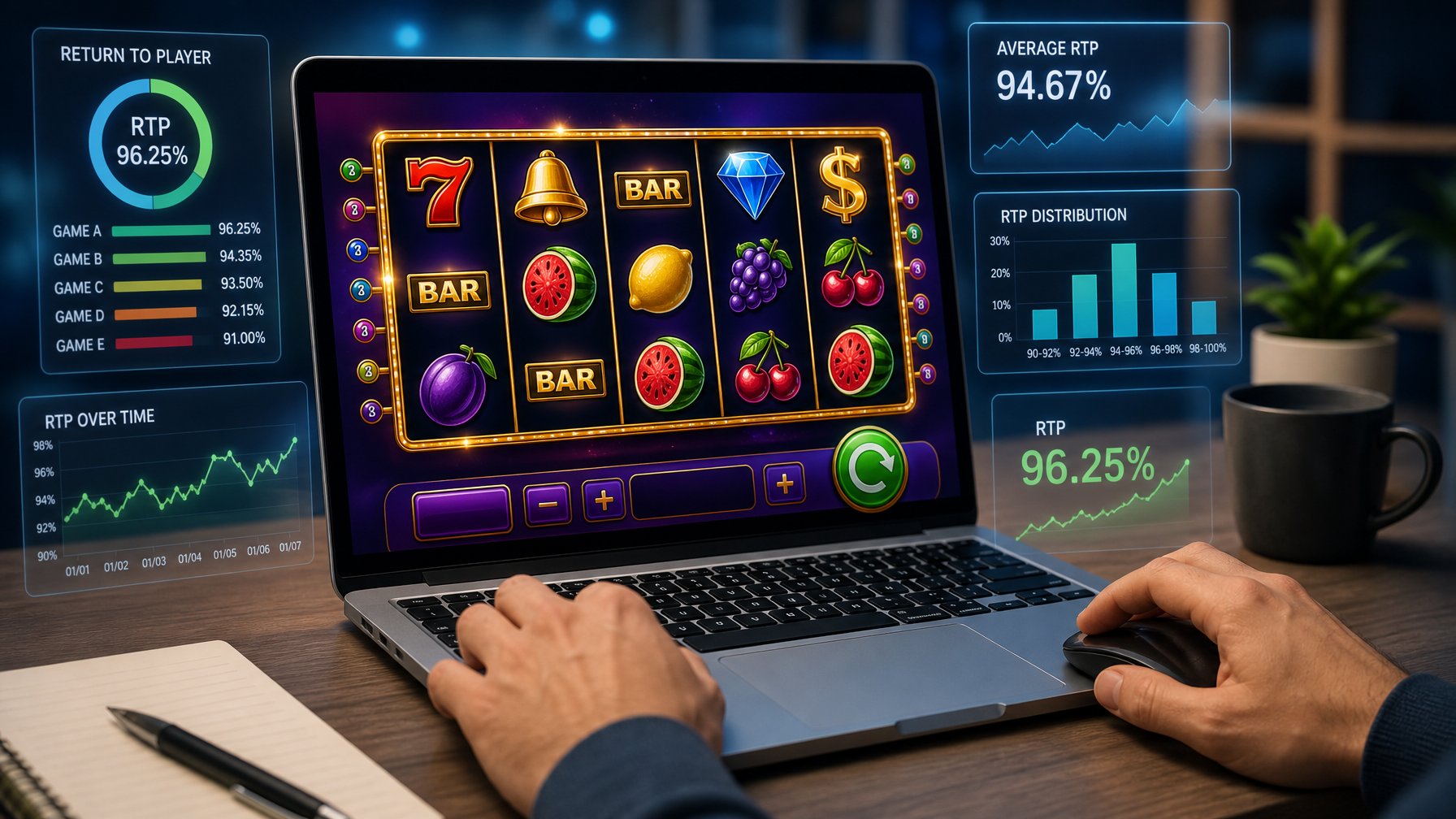 Seorang pengguna sedang bermain game slot online di komputer dengan grafik dan angka yang menggambarkan persentase Return to Player di latar belakang.