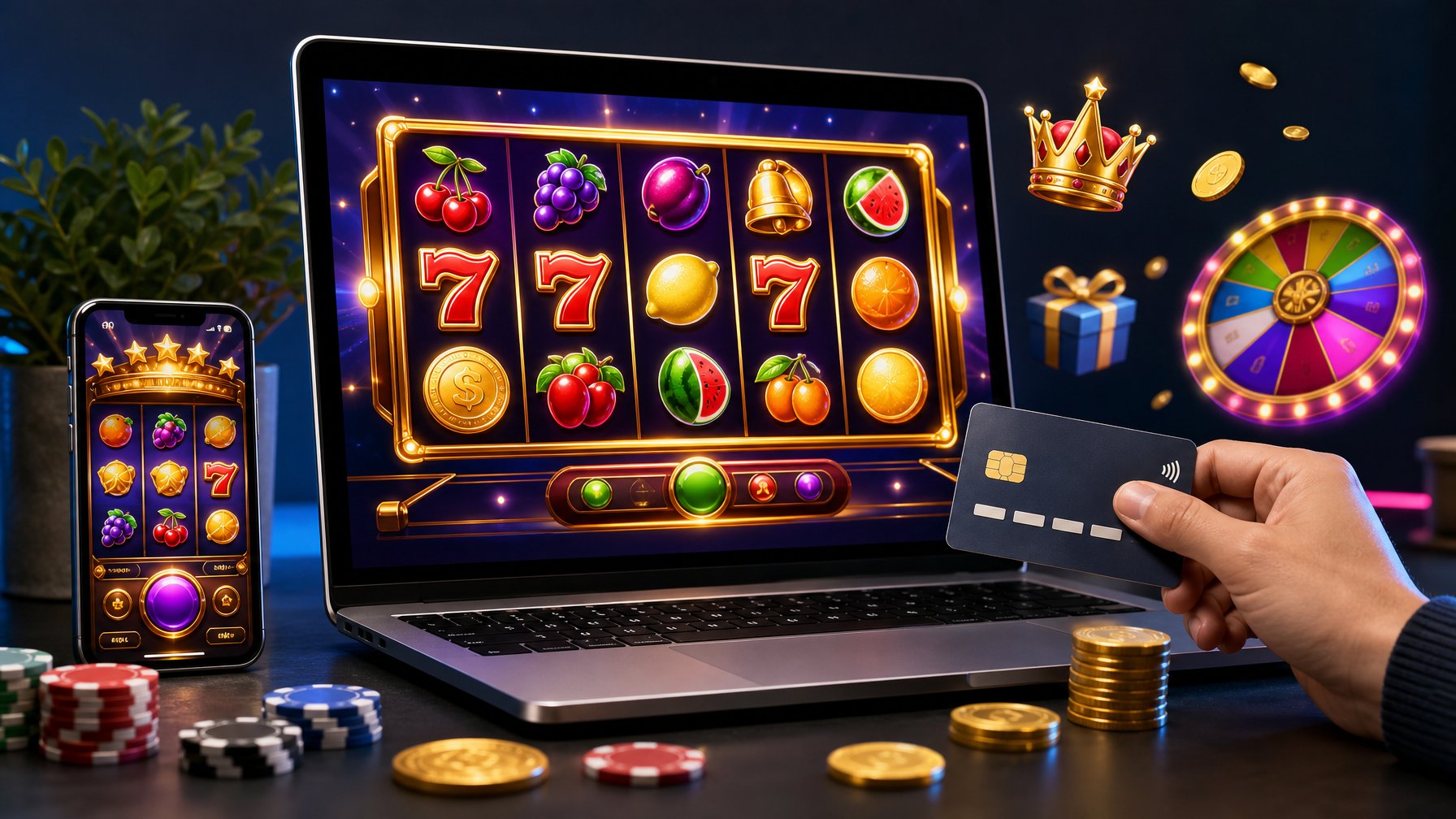 Sebuah laptop dan ponsel menampilkan permainan slot online dengan simbol warna-warni dan elemen terkait perjudian digital di sekitarnya.