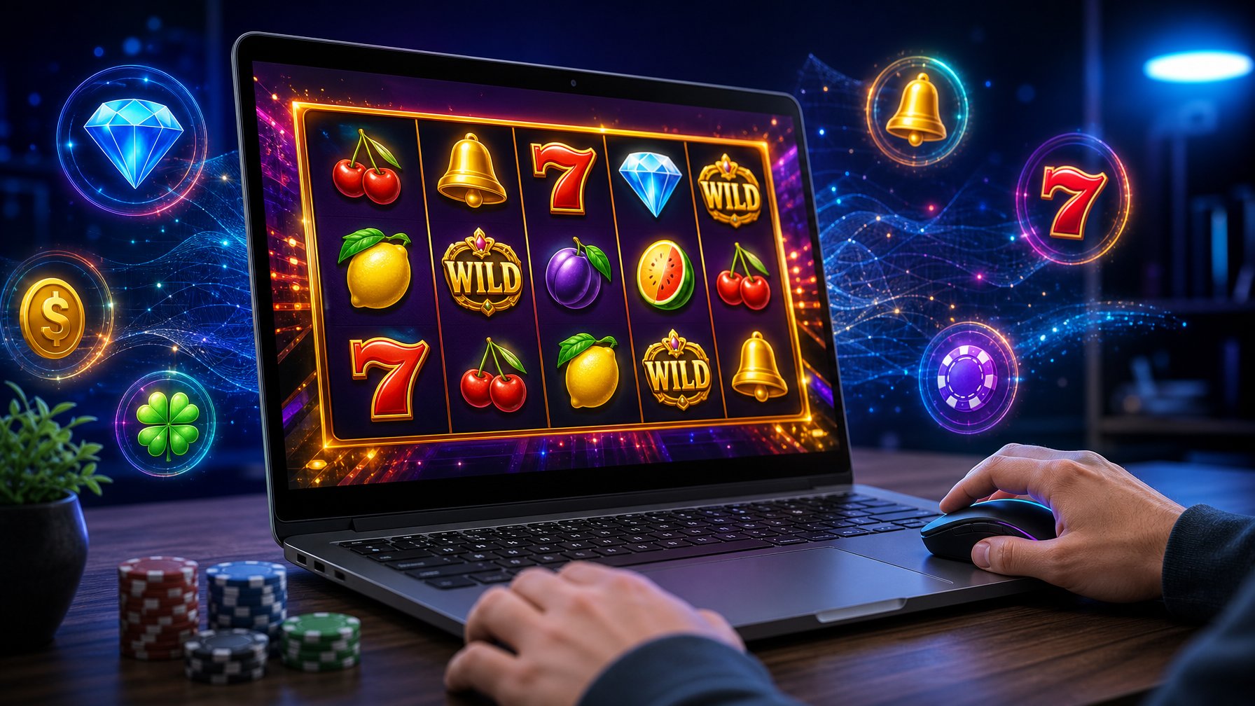 Seorang pengguna berinteraksi dengan komputer yang menampilkan permainan slot online dengan gulungan berputar dan ikon warna-warni.