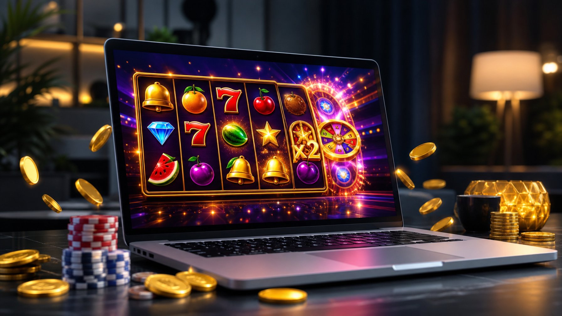 Seorang pemain menggunakan komputer dengan layar menampilkan permainan slot online berwarna-warni dengan simbol dan fitur bonus.