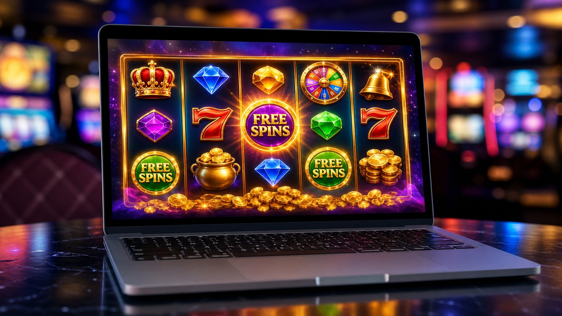 Sebuah layar perangkat menampilkan mesin slot online dengan simbol bonus dan putaran gratis, dikelilingi suasana kasino modern yang menarik.