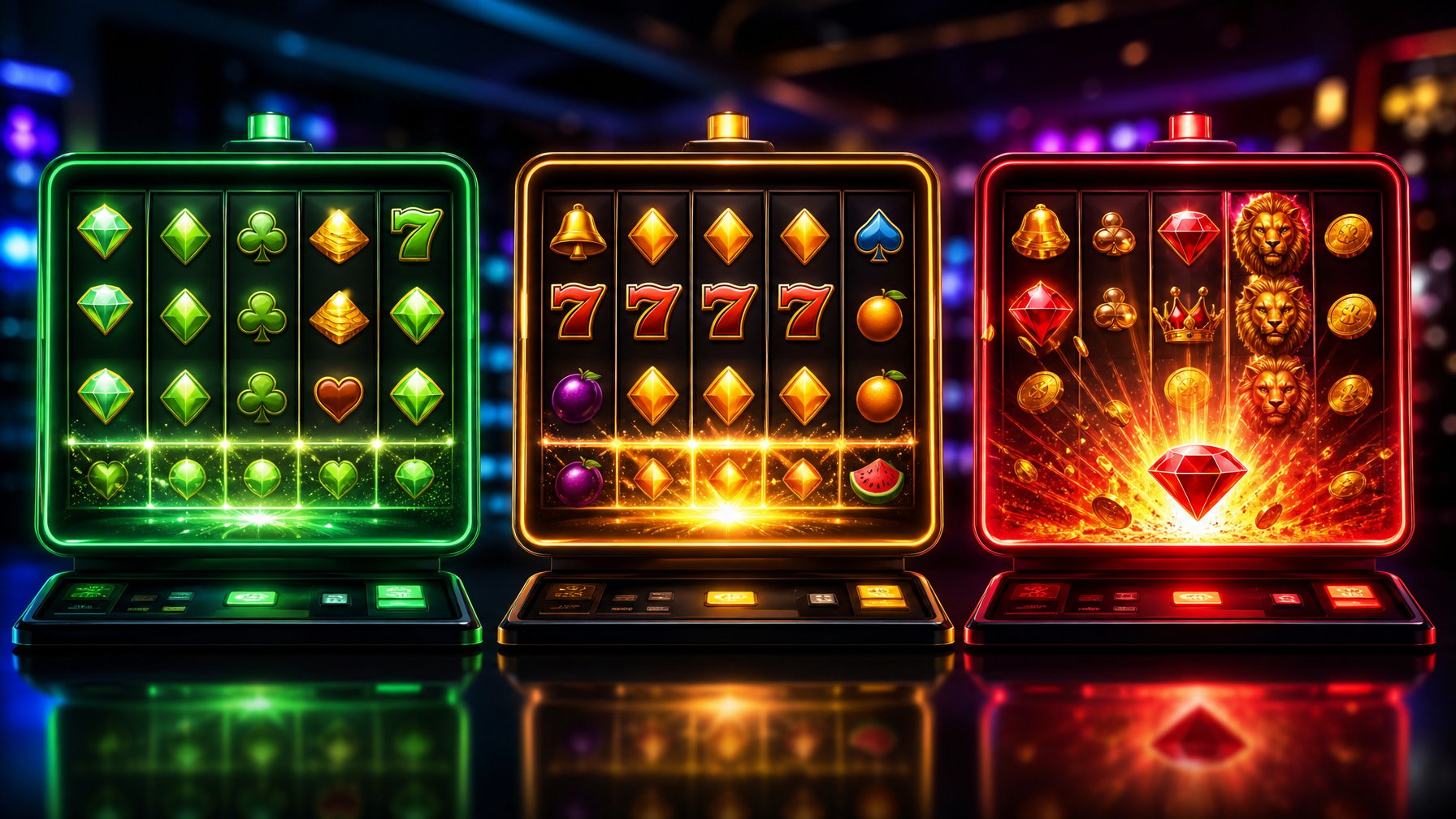 Tiga mesin slot berdampingan yang menggambarkan tingkat volatilitas rendah, sedang, dan tinggi dalam permainan slot online.