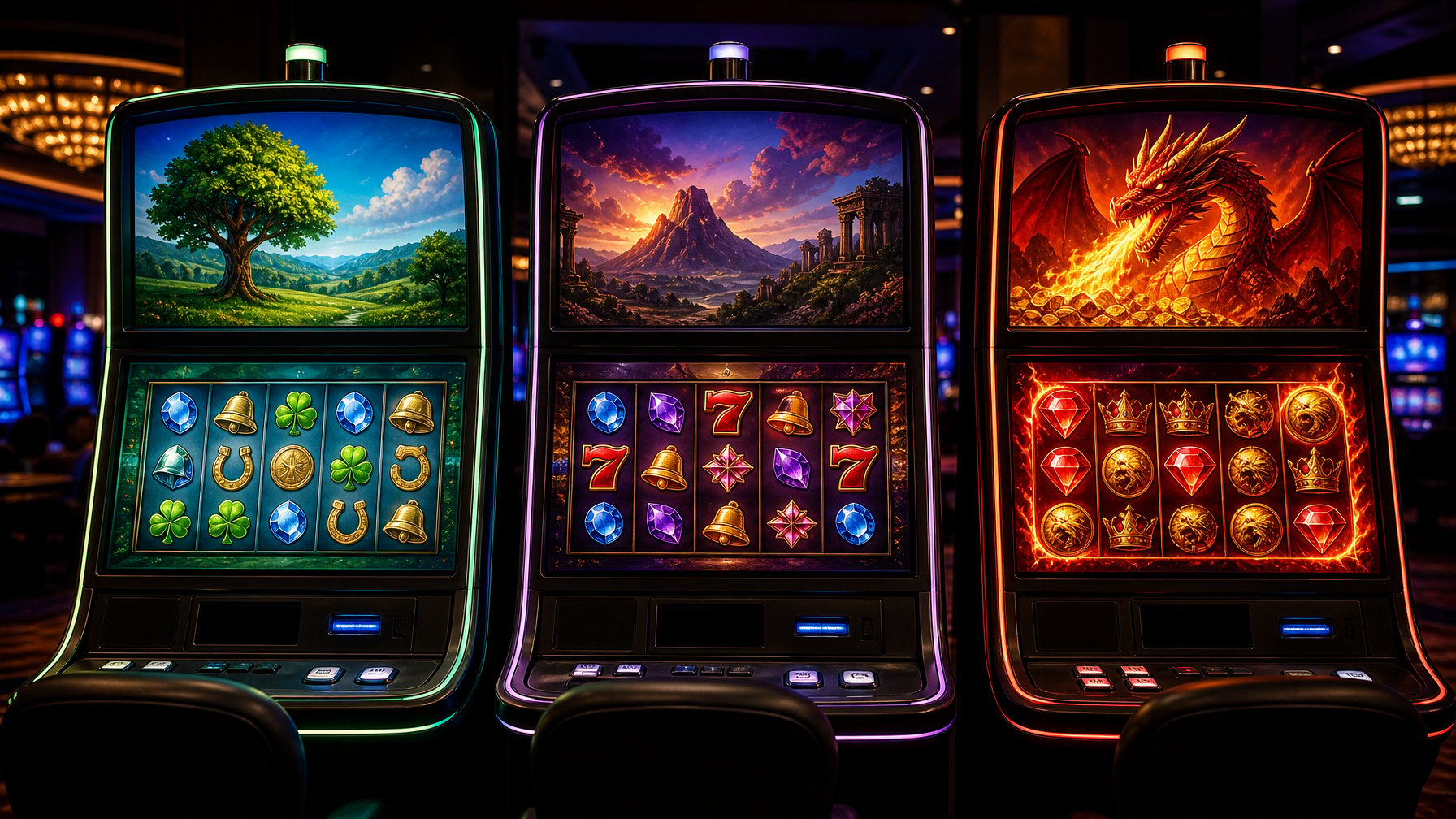Tiga mesin slot berdampingan yang menunjukkan tingkat volatilitas rendah, sedang, dan tinggi di dalam suasana kasino modern.