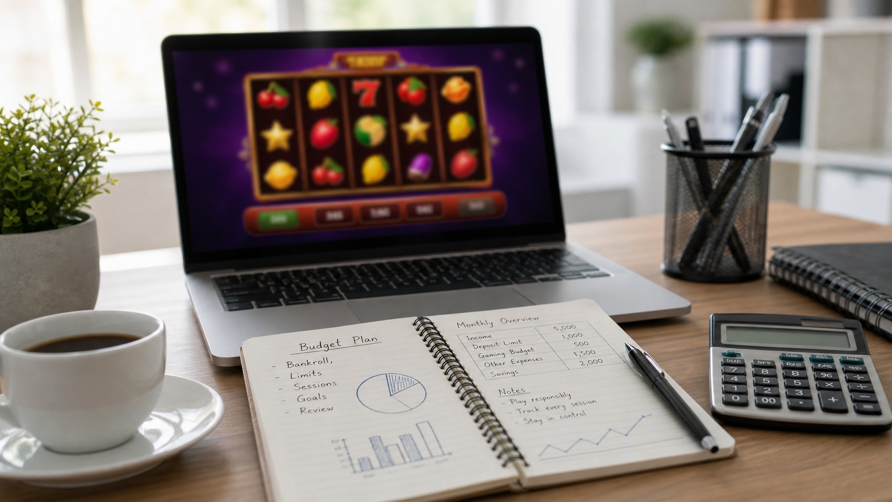 Meja kerja dengan laptop menampilkan permainan slot online, buku catatan dengan rencana keuangan, kalkulator, dan secangkir kopi.