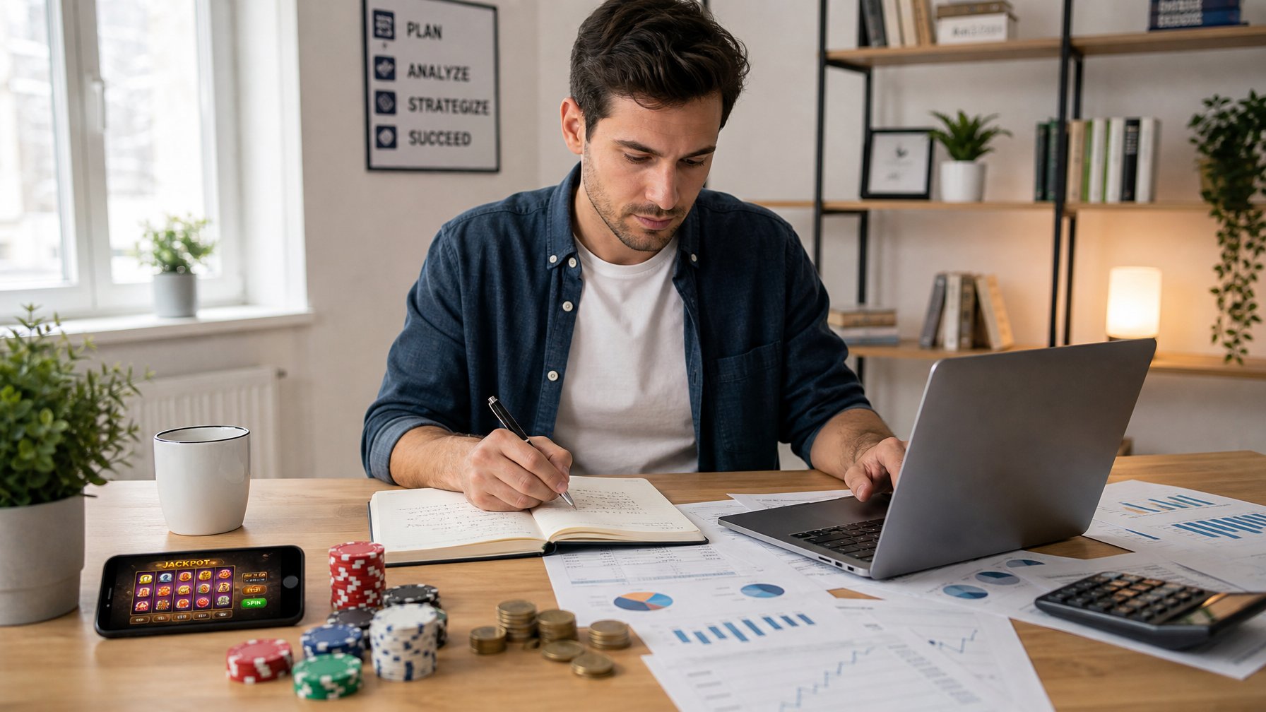Seseorang duduk di meja kerja dengan laptop, buku catatan, dan alat hitung, merencanakan strategi keuangan sambil melihat permainan slot online di ponsel.