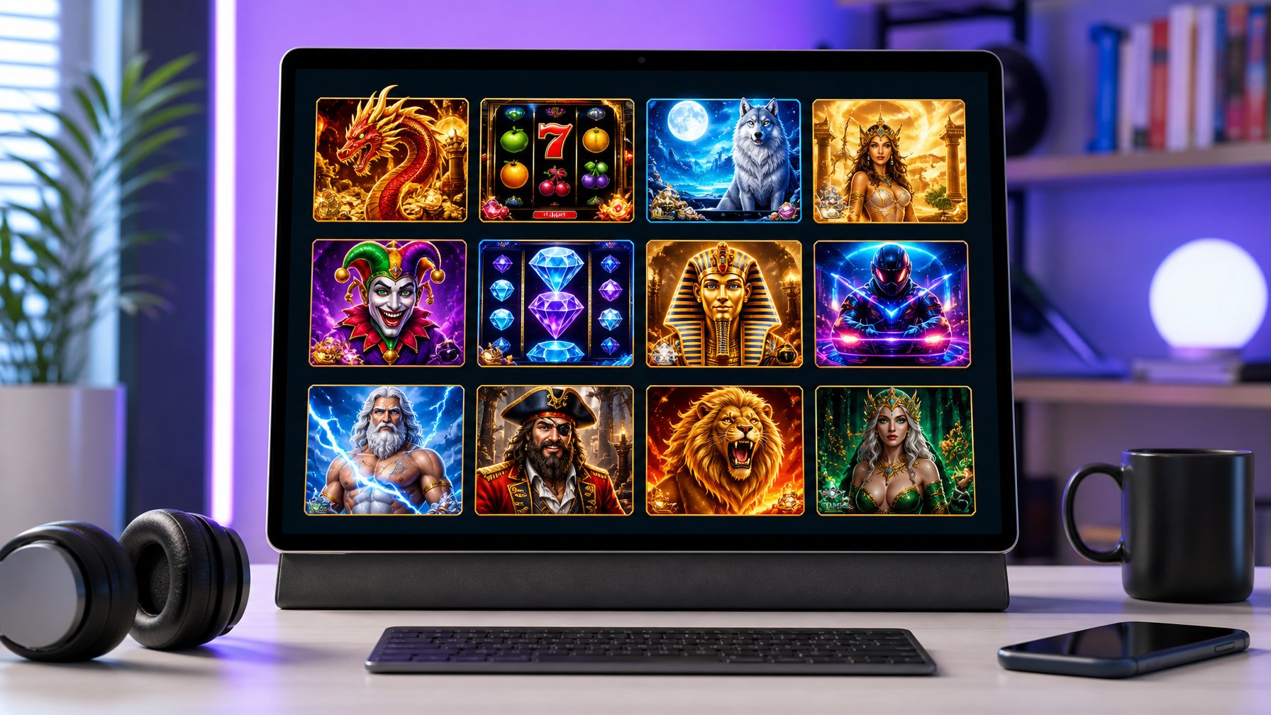 Layar komputer menampilkan berbagai tema permainan slot online terbaru dengan warna-warna cerah di sebuah ruang kerja modern.