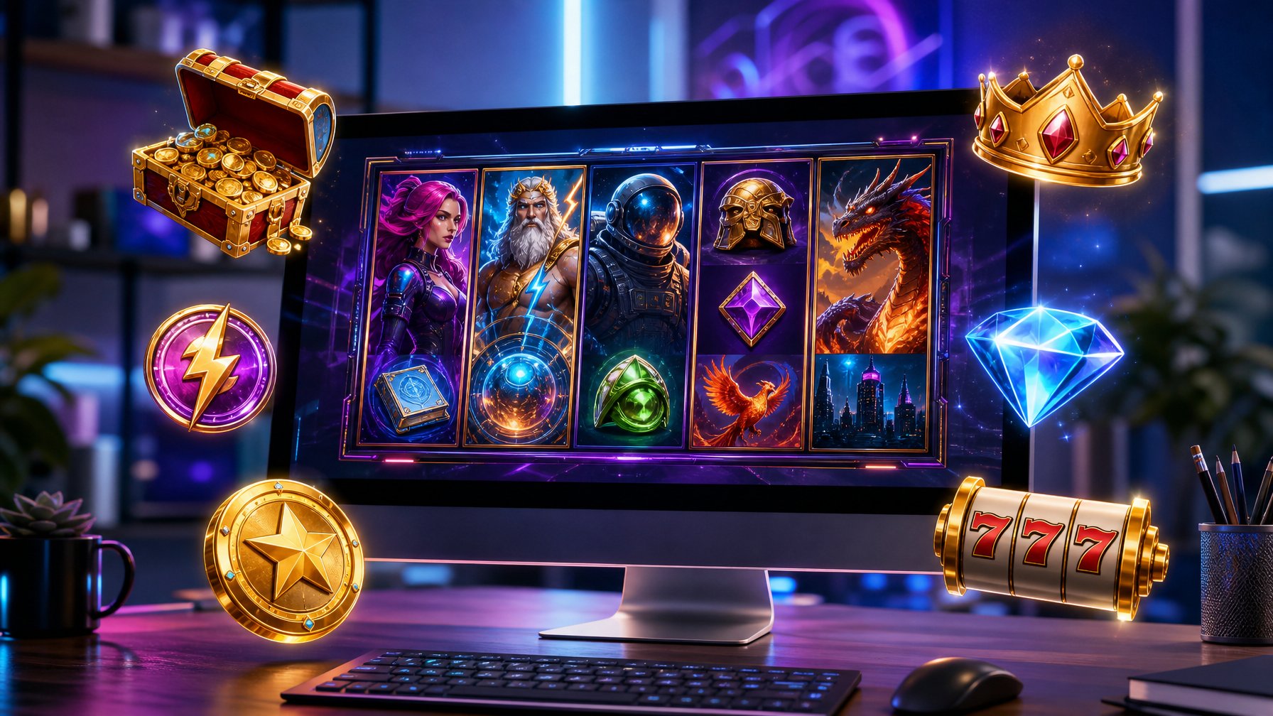 Tampilan layar perangkat dengan permainan slot online berwarna-warni dan tema futuristik di lingkungan kerja modern.