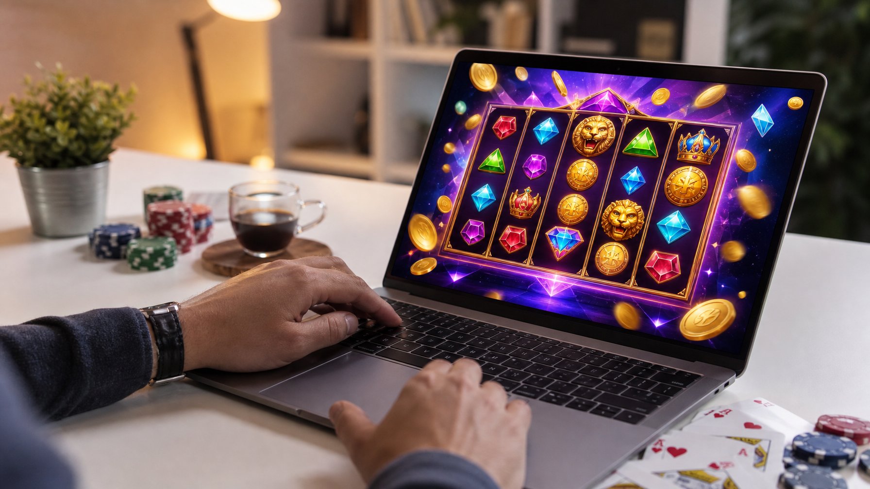 Seseorang menggunakan laptop yang menampilkan permainan slot online dengan ikon warna-warni di layar, di meja kerja yang rapi dengan chip poker dan kartu bermain di dekatnya.
