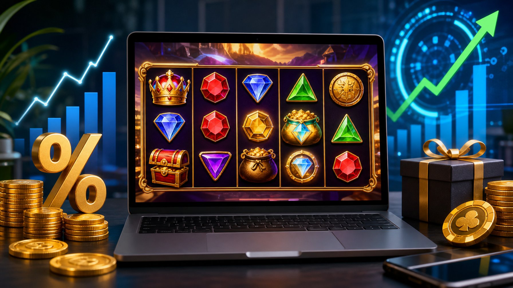 Seorang pengguna sedang bermain slot online di komputer dengan tampilan permainan berwarna-warni dan simbol bonus, dikelilingi oleh grafik dan koin yang menunjukkan RTP tinggi.