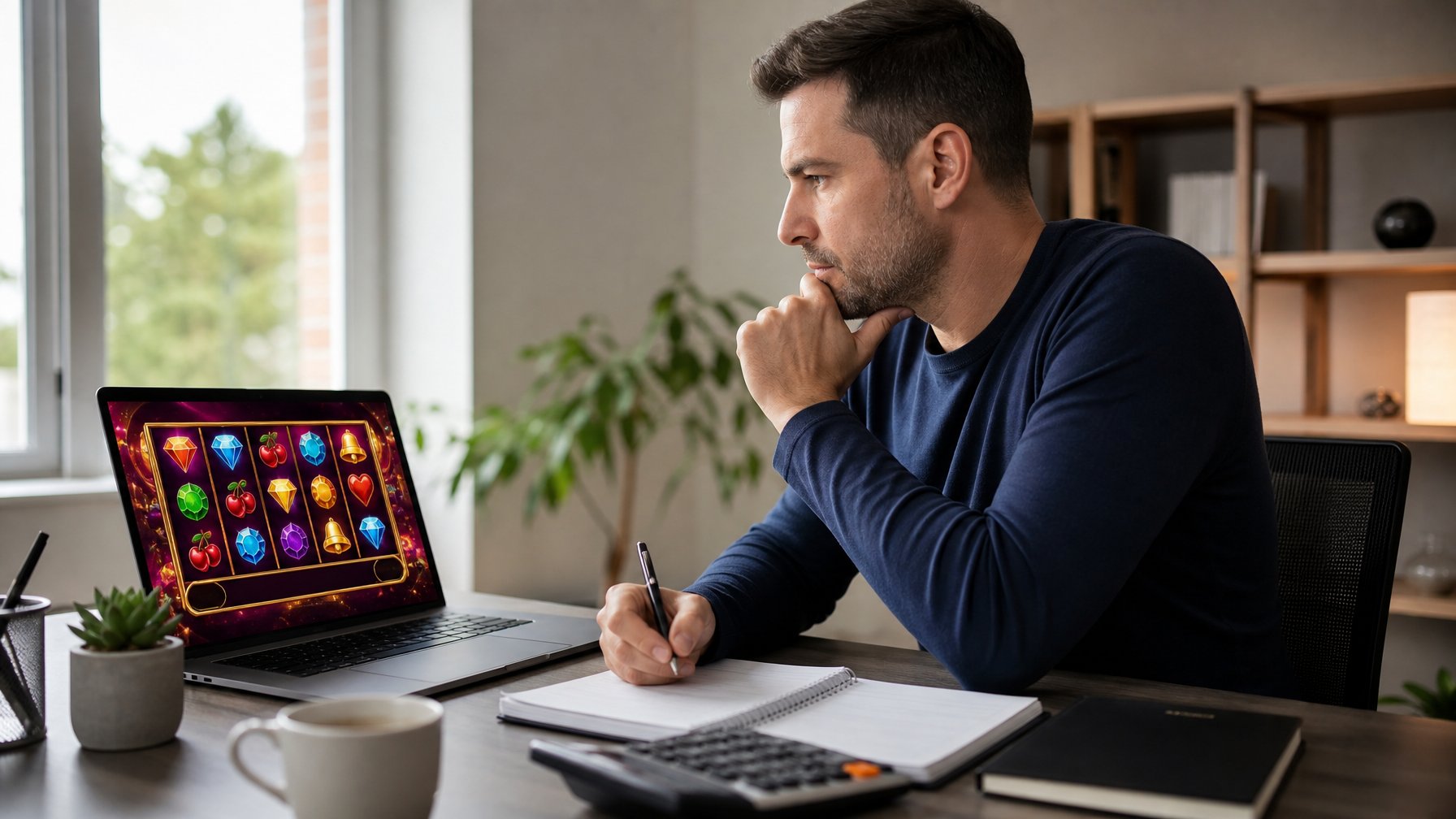 Seorang pria dewasa duduk di meja dengan laptop yang menampilkan permainan slot online, tampak fokus dan tenang sambil mengelola permainan secara bertanggung jawab di ruang kerja rumah yang terang.