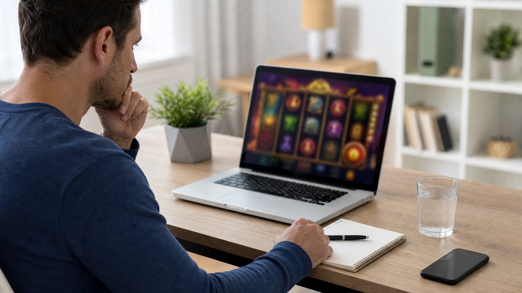 Seorang pemain dewasa duduk di meja dengan laptop menampilkan permainan slot online, mencatat dengan pena di buku catatan, di ruangan rumah yang terang dan rapi.