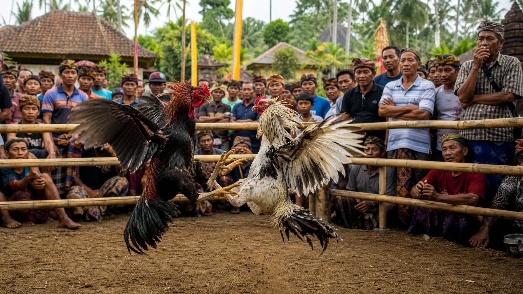 Dua ayam jago sedang bertarung di arena kayu dengan penonton yang antusias di sebuah desa di Indonesia.