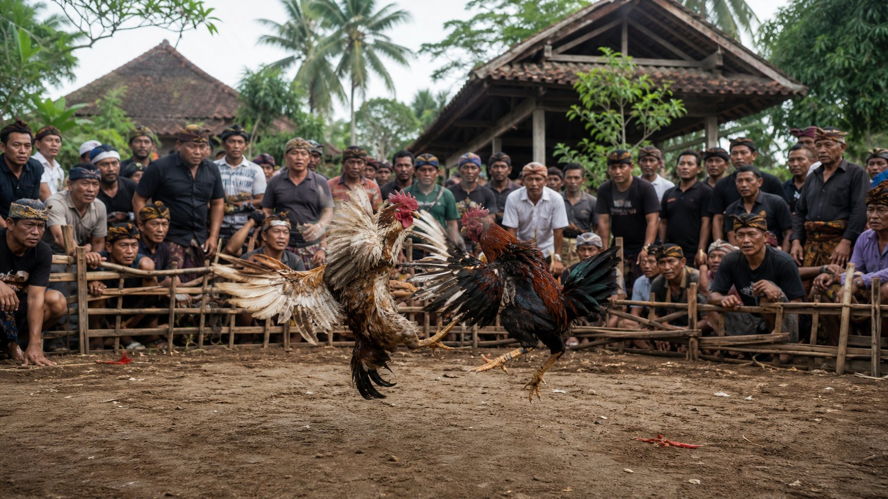 Dua ayam jago sedang bertarung di luar ruangan dengan penonton yang memperhatikan di latar belakang di sebuah desa tradisional Indonesia.