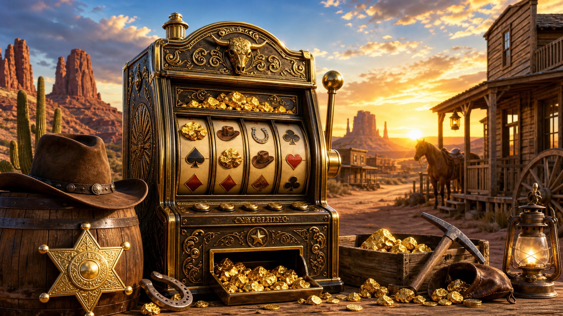 A Vintage Slot Machine With Gold Accents Set In A Dusty Wild West Desert Scene, Surrounded By Cowboy Hats, Horseshoes, And Wooden Saloon Buildings Under A Golden Sunset.