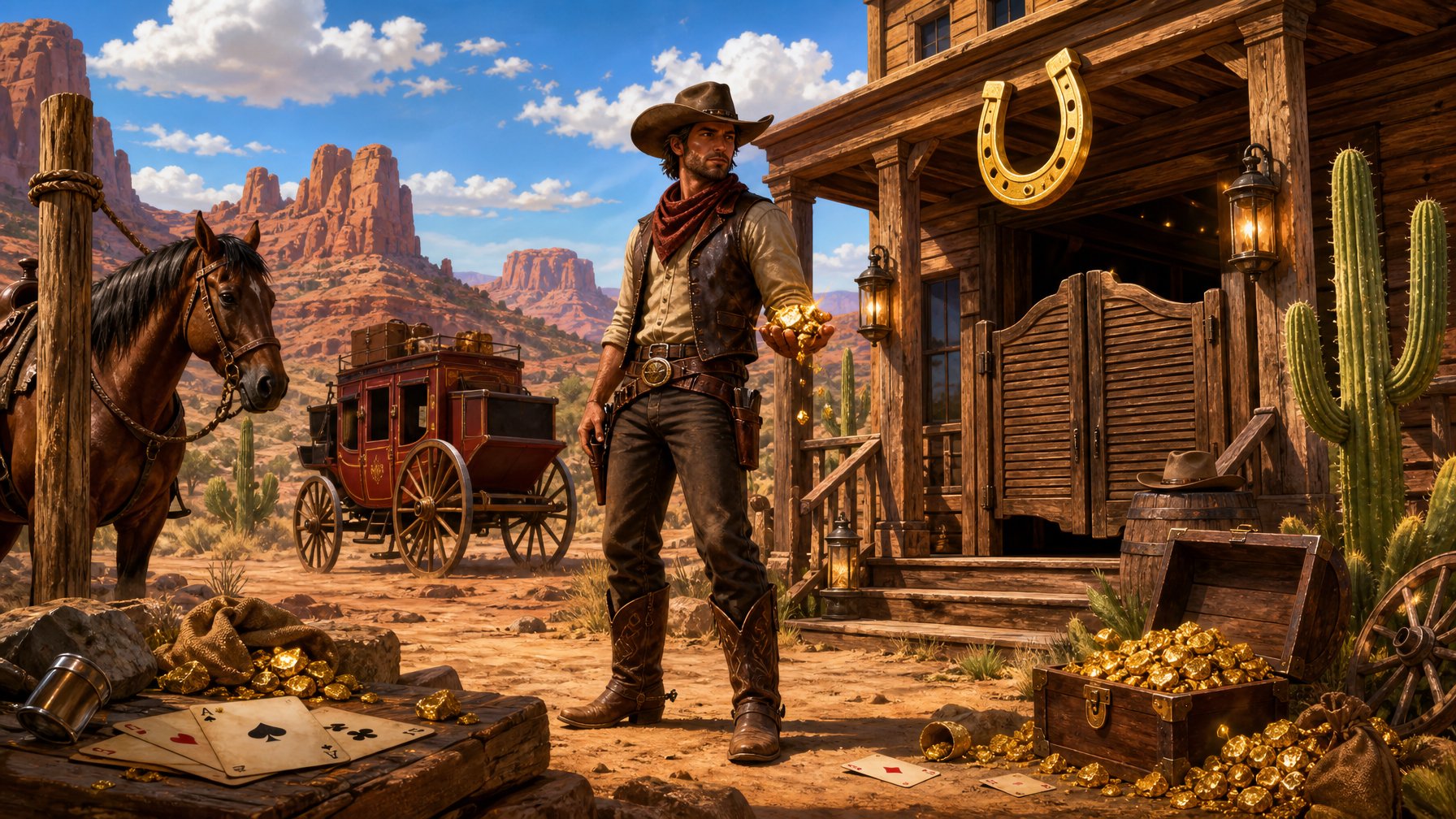 A Cowboy Holding Gold Coins Stands Near A Wooden Saloon In A Desert With Red Rocks And Cacti Under A Blue Sky.