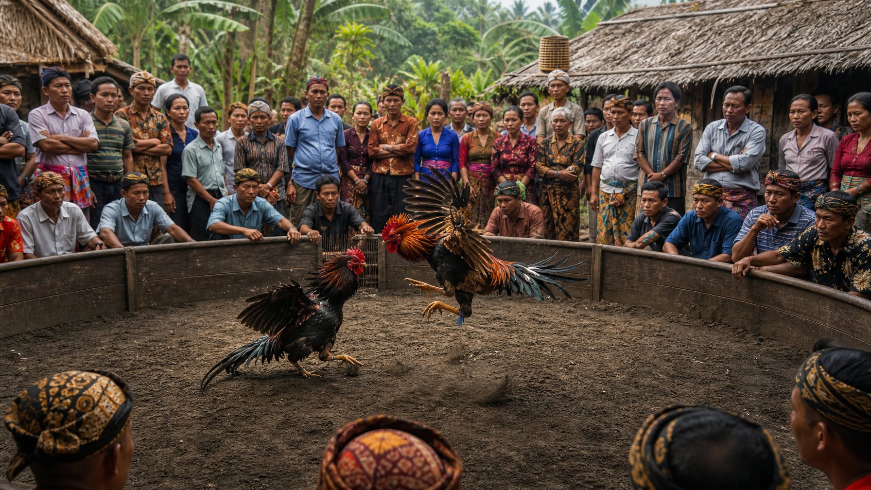 Dua ayam jago sedang bertarung di arena kayu dengan penonton yang mengenakan pakaian tradisional di latar belakang desa dan pepohonan hijau.