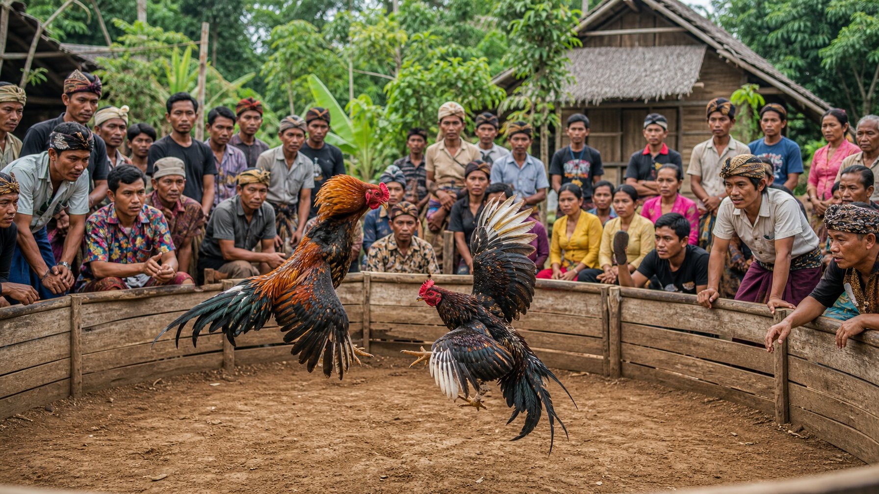 Dua ayam jantan sedang bertarung di arena kayu dengan penonton lokal mengenakan pakaian tradisional di latar belakang pedesaan.