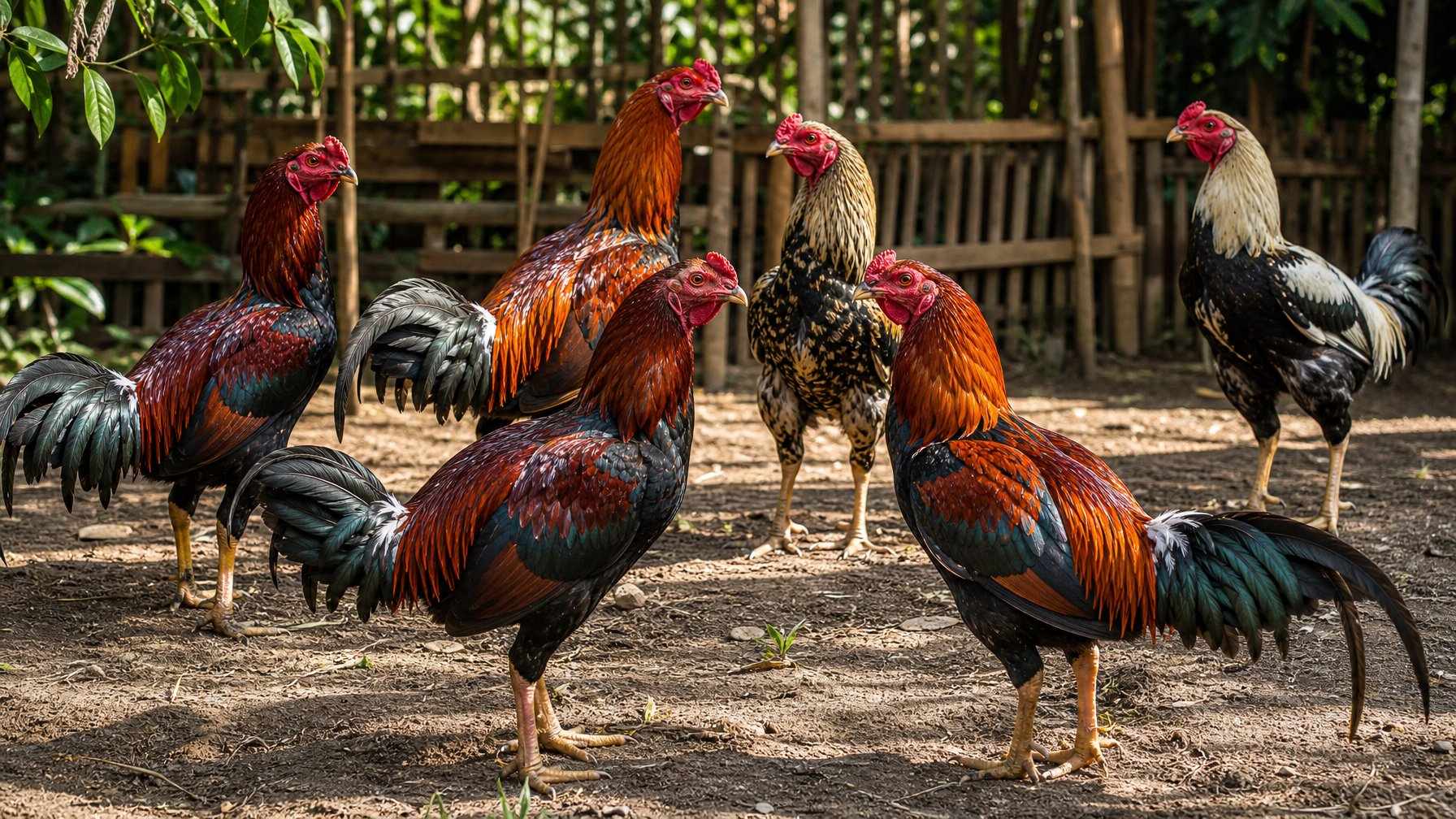 Beberapa ayam aduan dengan warna bulu berbeda berdiri di halaman peternakan yang alami.