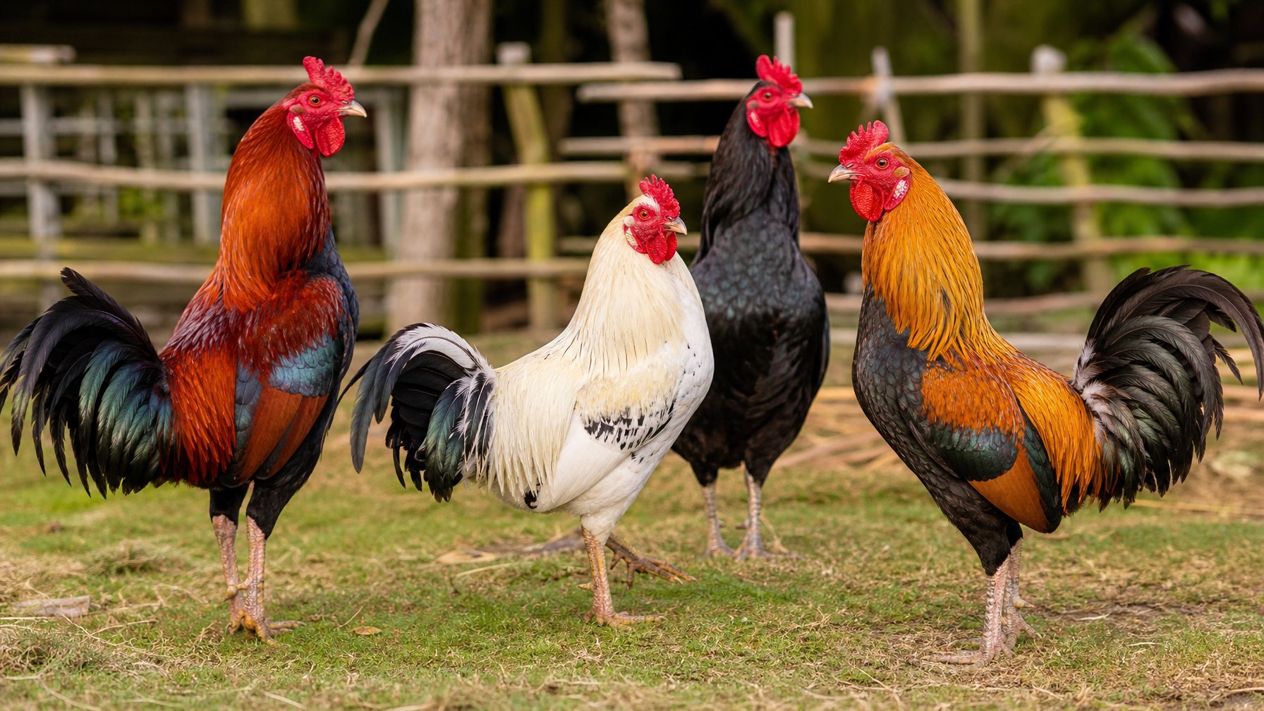 Beberapa ayam aduan dengan bulu berwarna berbeda berdiri di lingkungan peternakan yang alami.