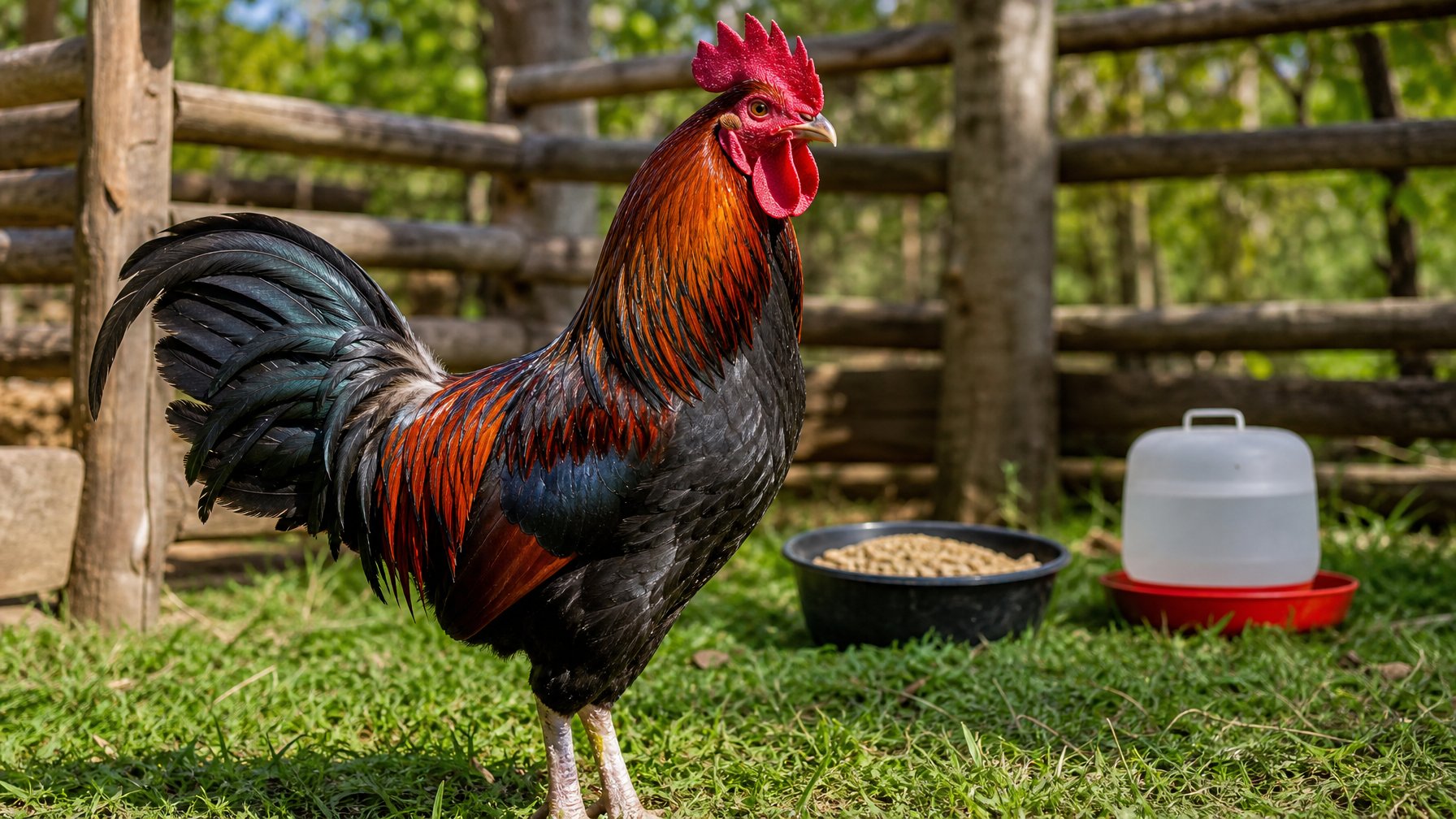 Seekor ayam aduan berdiri di atas rumput hijau di halaman peternakan yang bersih dengan wadah air dan pakan di latar belakang.