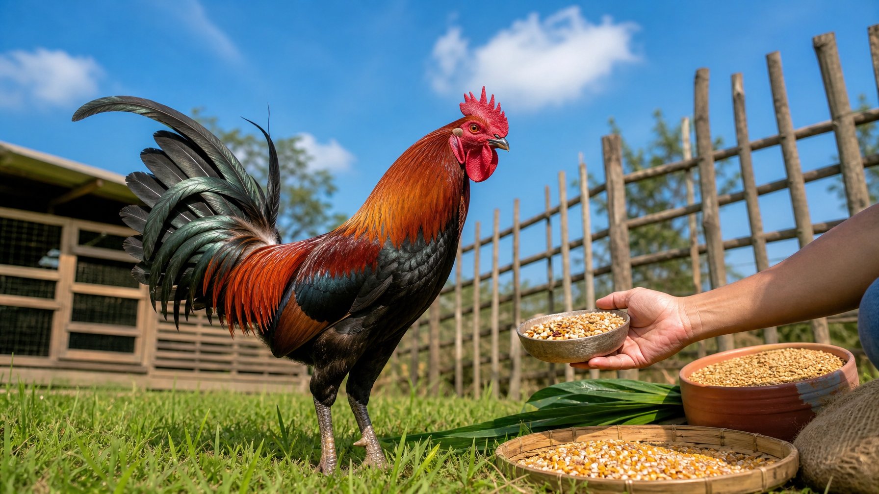 Seekor ayam aduan sehat berdiri di atas rumput hijau dengan latar belakang petani yang memberi pakan di lingkungan peternakan alami.