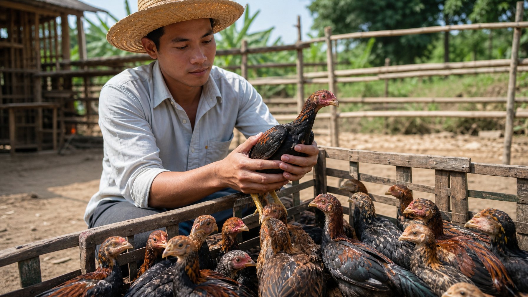 Seorang petani muda sedang memilih anak ayam aduan yang sehat di dalam kandang ayam di lingkungan pertanian.