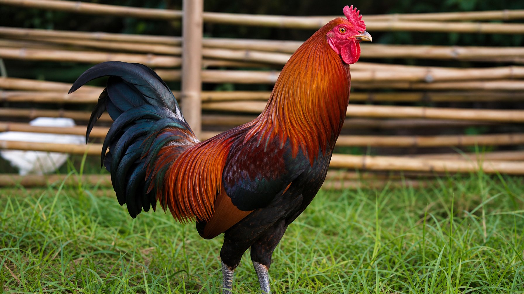 Seekor ayam aduan sehat dengan bulu berwarna cerah berdiri di halaman hijau dengan pagar kayu di latar belakang.