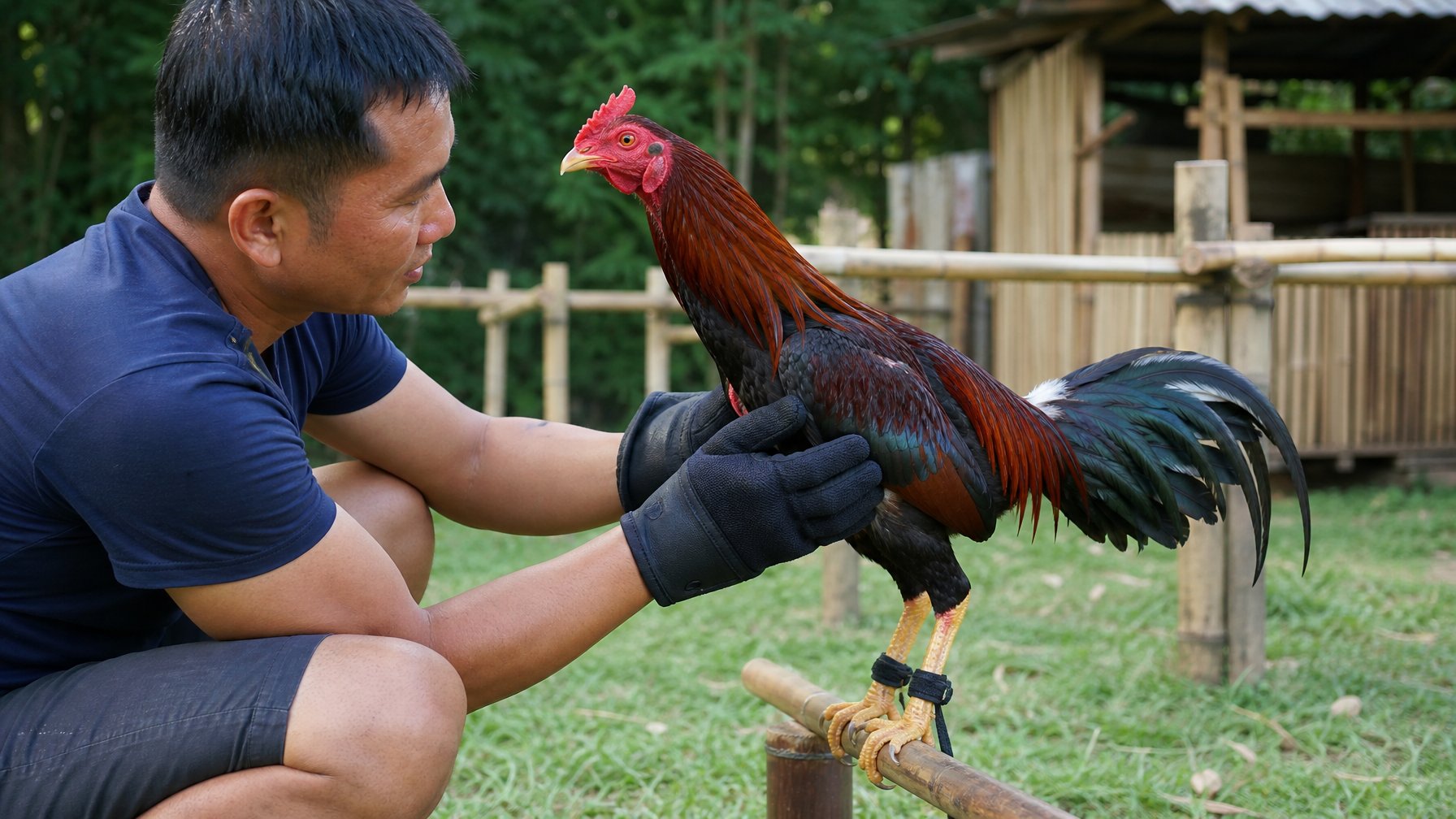 Seorang pria melatih seekor ayam aduan dengan hati-hati di area luar ruangan yang alami dan bersih.
